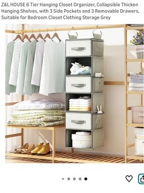 NIB Grey 6-Tier Hanging Closet Organizer with 3 Removable Bins